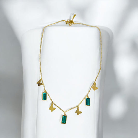 Golden Butterfly & Emerald Charm Necklace
