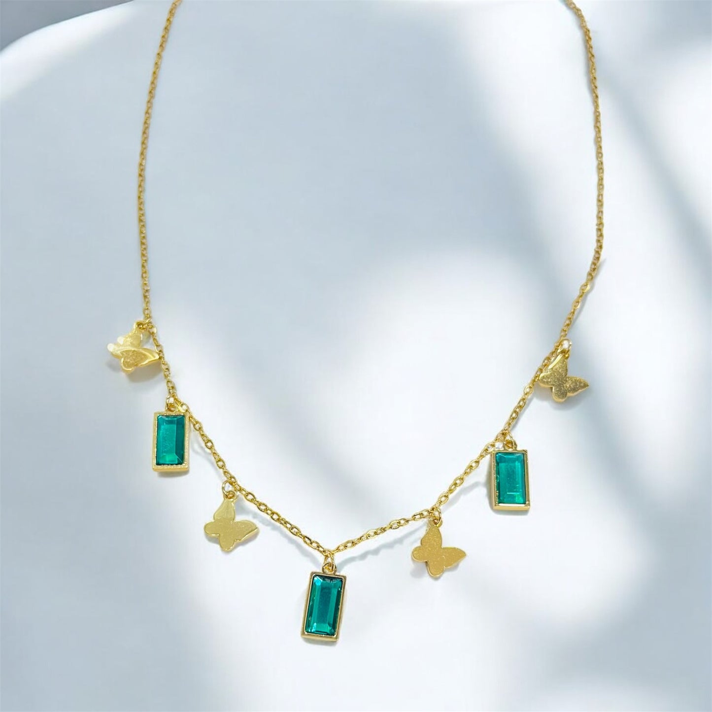 Golden Butterfly & Emerald Charm Necklace