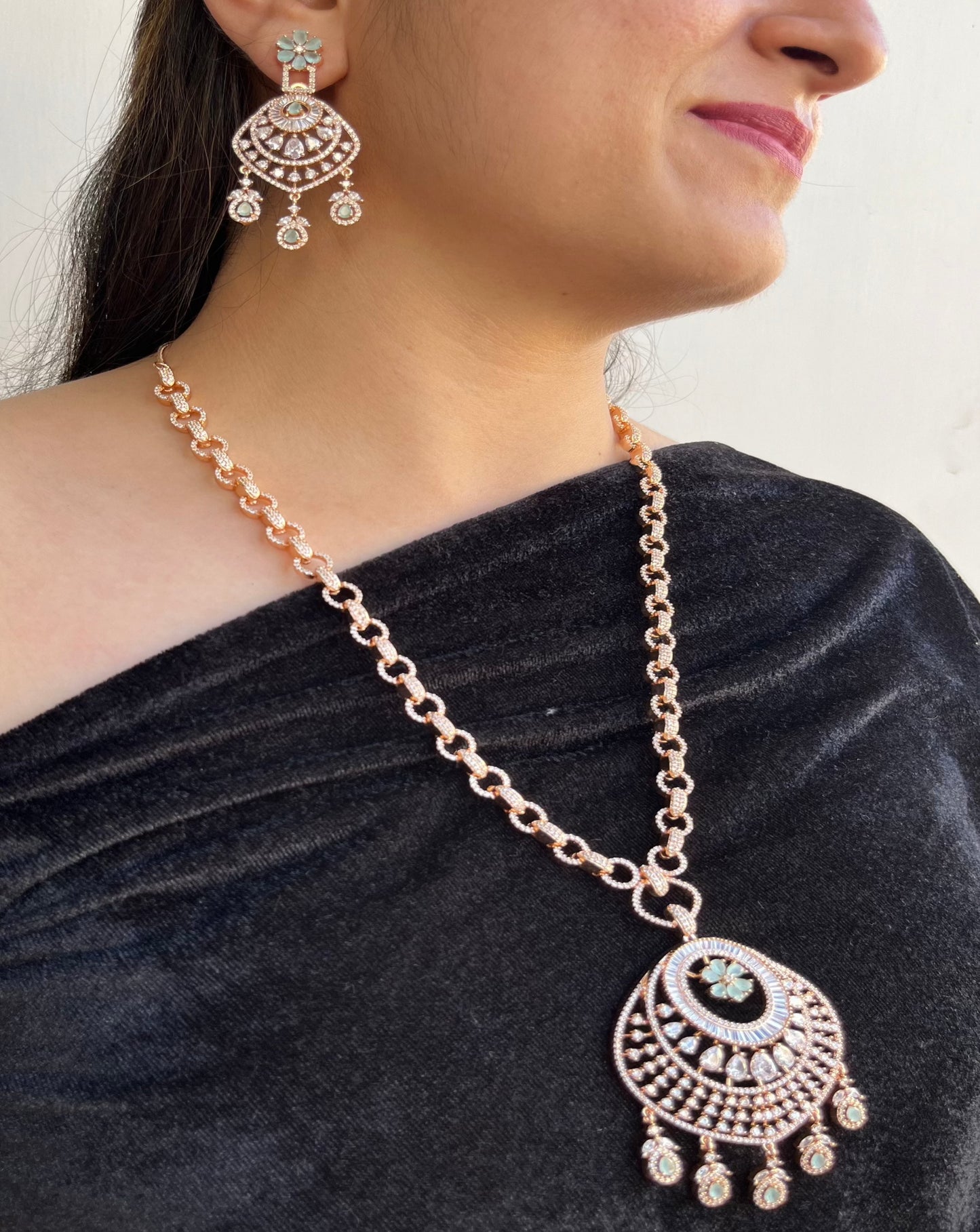 DiAni Rosegold plated Long Set studded with American Diamond