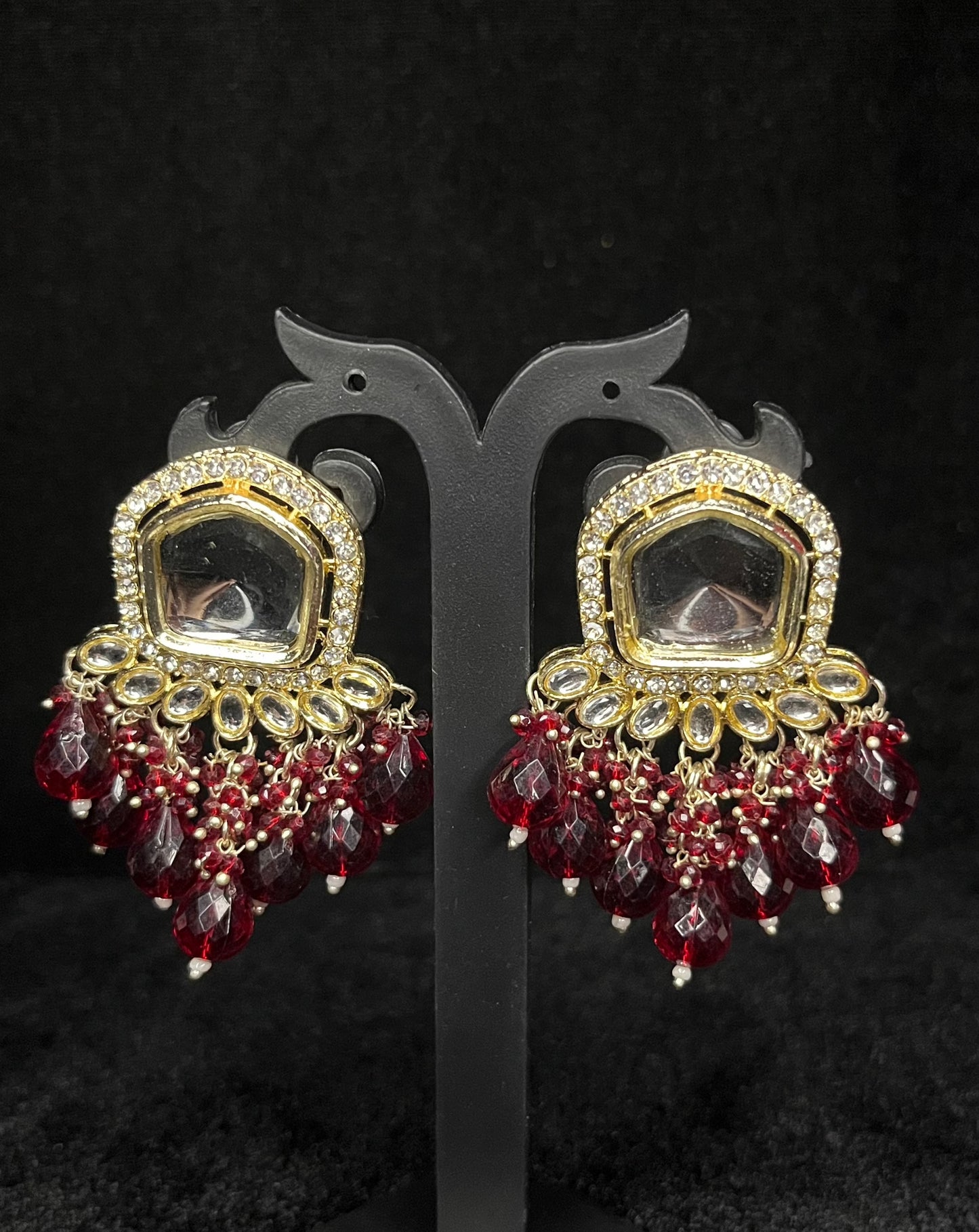 Kundan stud with beads hanging earring