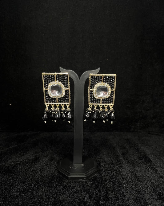 Black Kundan stud with beads earring