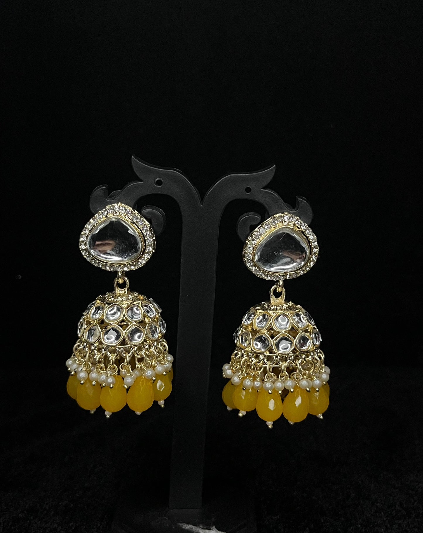 Yellow Kundan beads jumka