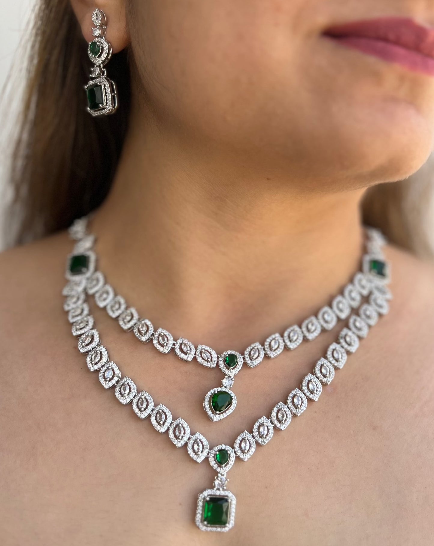 DiAni Silver plated layered Set studded with American Diamond - Emerald Green