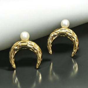 Golden Half Moon Earrings with Pearl Accent