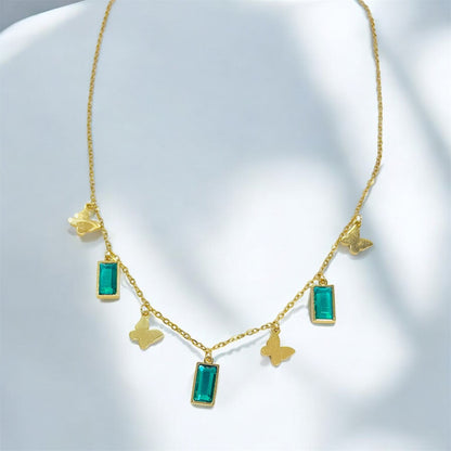 Golden Butterfly & Emerald Charm Necklace